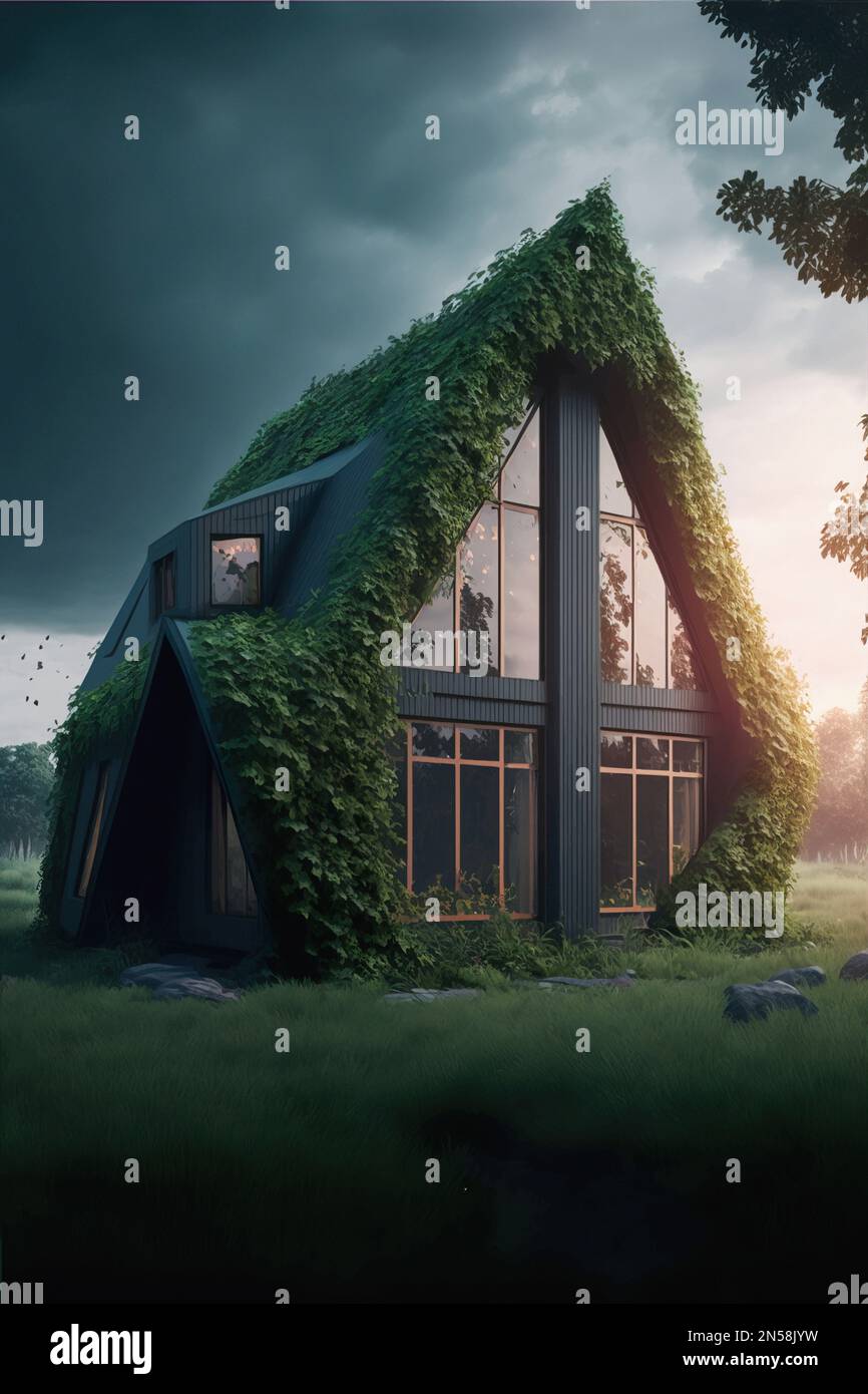Eco casa in ambiente verde. Casa in mezzo alla foresta con il verde cespuglio, tempo del tramonto Foto Stock