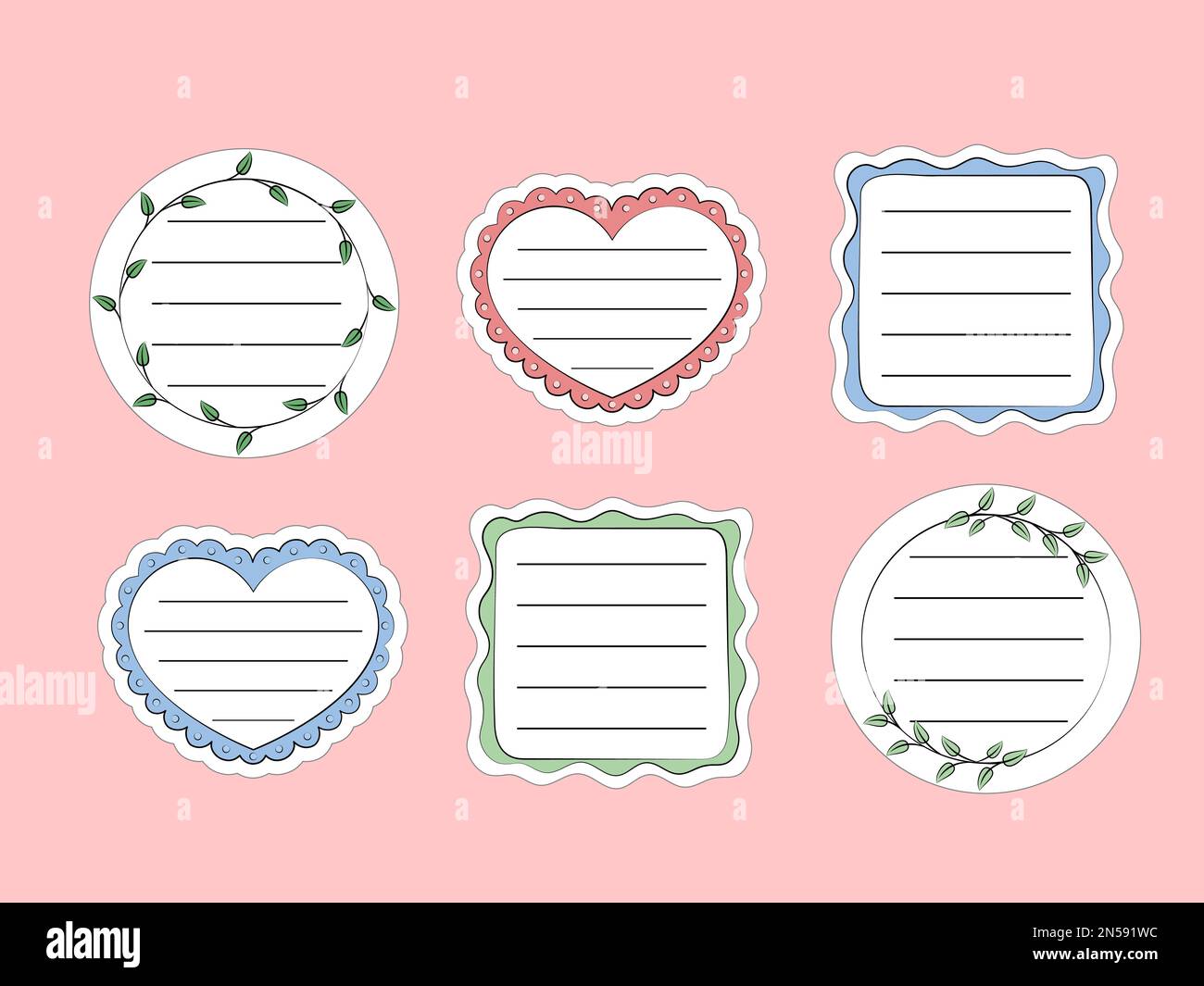 Confezione adesivi per appunti. Illustrazione vettoriale di note di carta disegnate a mano carine. Spazi vuoti adesivi per promemoria, elenco delle attività, pianificatore, pianificazione. Rotondo, quadrato e. Illustrazione Vettoriale