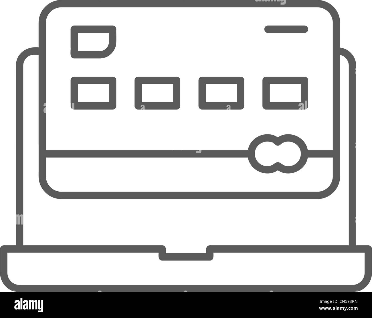 Carta di credito con computer portatile, icona di pagamento lineare online. Shopping, online banking, finanza simbolo design. Illustrazione Vettoriale