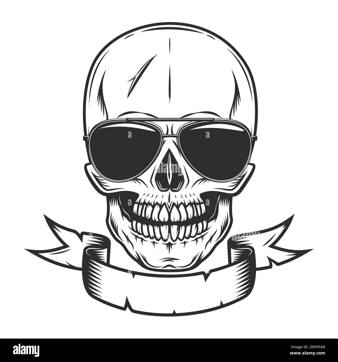 Concetto di cranio vintage e spaventoso con nastro e occhiali da sole per proteggere gli occhi da un'illustrazione isolata e luminosa Foto Stock