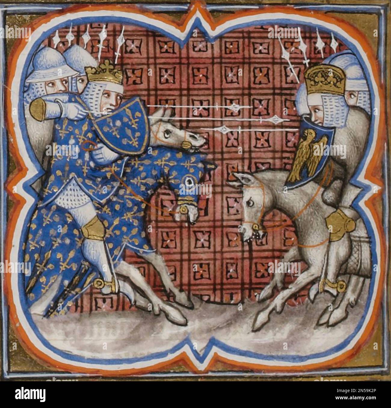 BATTAGLIA DI BOUVINES 27 luglio 1214 nelle Fiandre, ha provocato una sconfitta per il re Giovanni d'Inghilterra, la cui cavalleria è mostrata a destra. Foto Stock