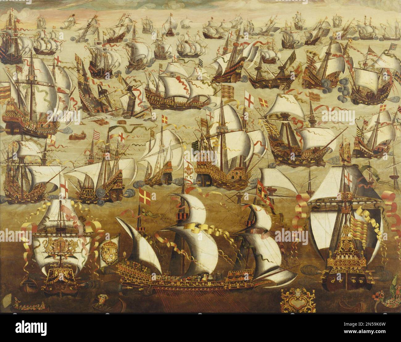 BATTAGLIA DELLE GRAVELINES l'Armada isis spagnola attaccò al largo delle coste olandesi nell'agosto del 1588. - artista sconosciuto. Dalle navi britanniche più piccole nel mese di luglio/ Foto Stock