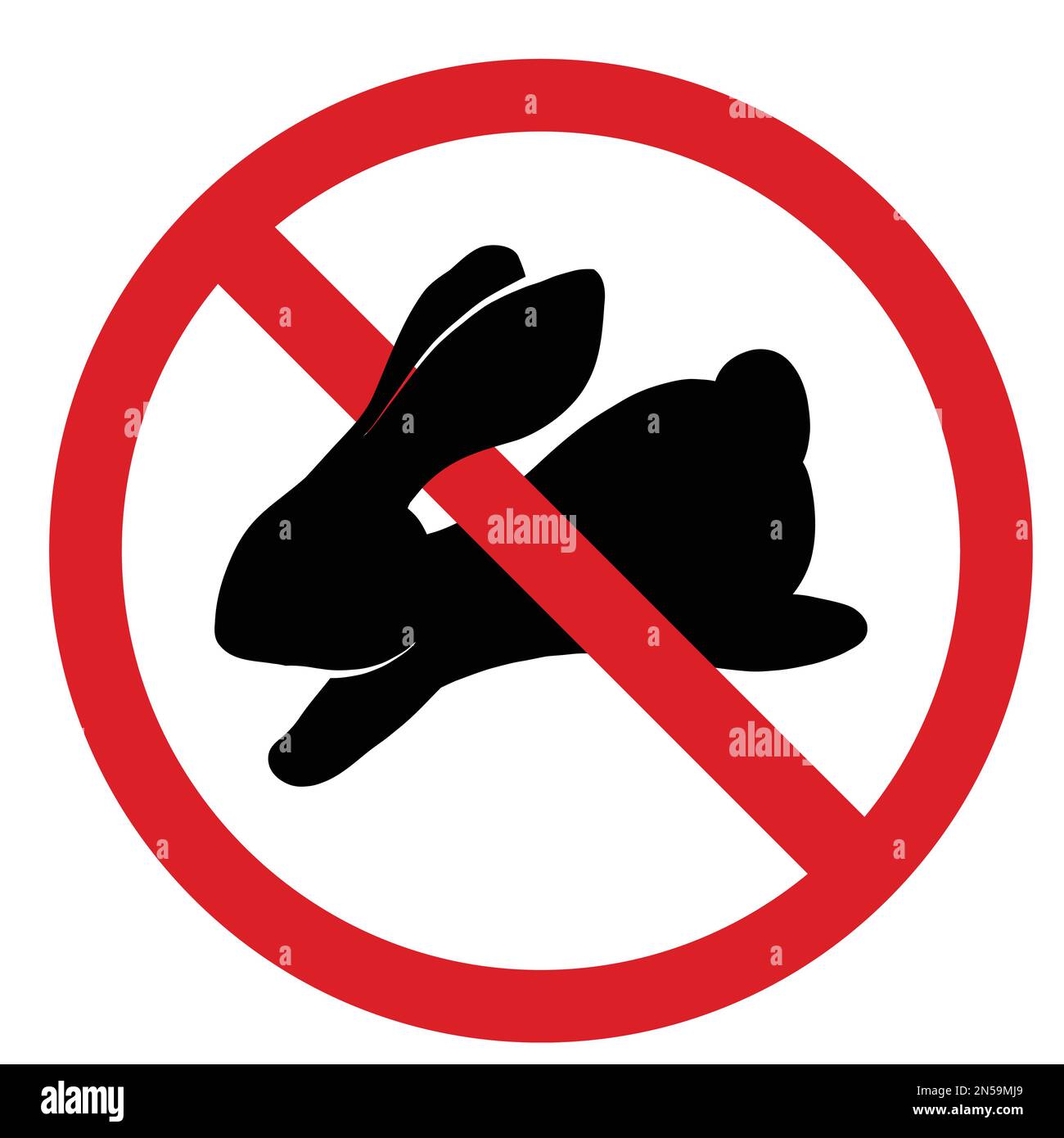 Icona vettoriale con una silhouette nera di lepre in un segno di divieto.proibito di caccia agli animali. Cosmetici senza test sugli animali. Cibo senza carne Illustrazione Vettoriale