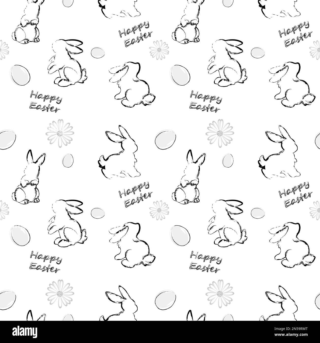 Motivo senza cuciture con coniglietti pasquali, uova, fiori e l'iscrizione Buona Pasqua. Il concetto di arrivo della primavera, Pasqua. Immagine vettoriale. Illustrazione Vettoriale