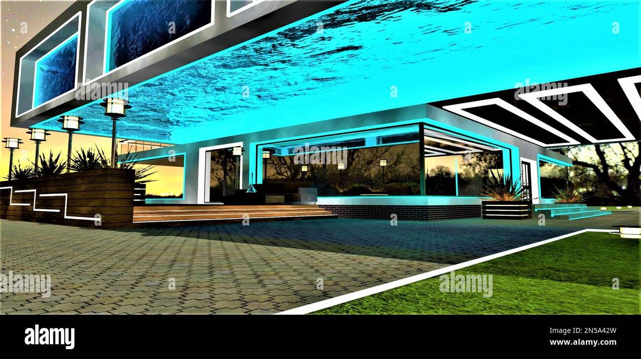 Enorme piscina illuminata con fondo in vetro sopra la zona relax dell'esclusivo palazzo di lusso di notte. Bordo bianco luminoso. rendering 3d. Foto Stock