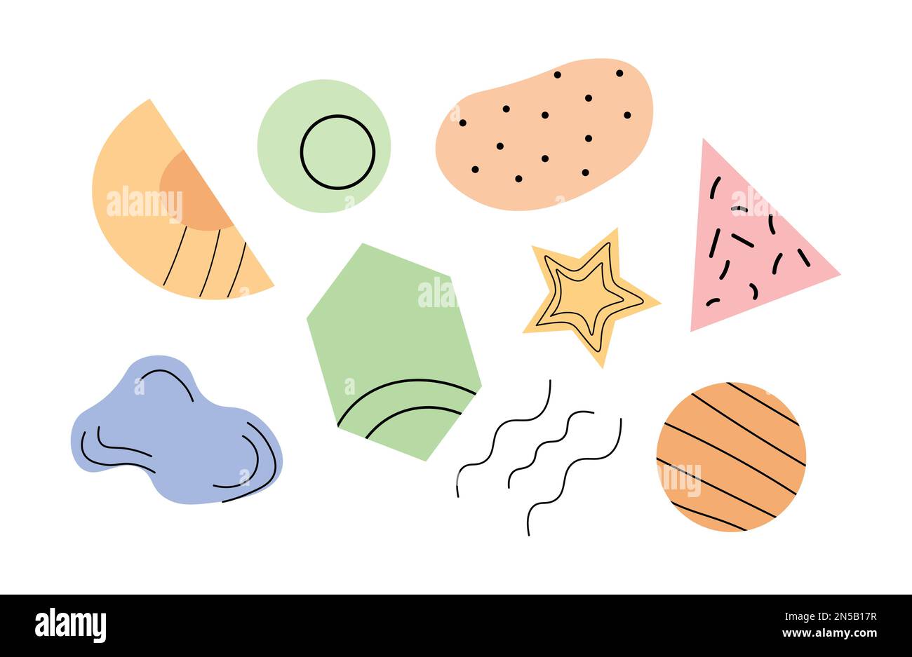 Moderno doodle elementi colorati in stile memphis. Forme geometriche cartoni animati per decorazioni di design. Illustrazione Vettoriale