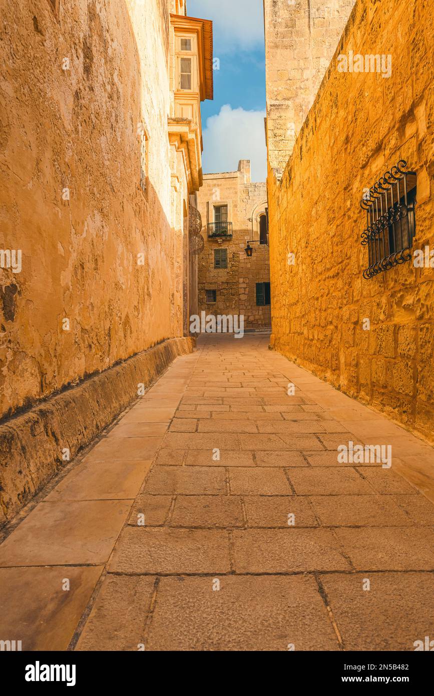 Antica strada acciottolata medievale nella città di Mdina, Malta con nessuno in giornata di sole. Orientamento verticale. Destinazione del viaggio Foto Stock