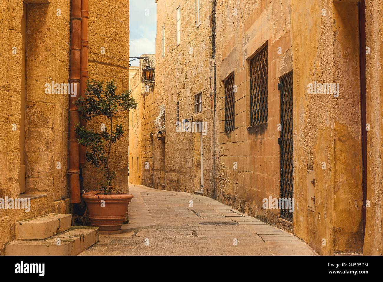 Vecchia strada vuota medievale con luci di strada e vasi di fiori nella città di Mdina. Destinazione di viaggio in Europa Foto Stock