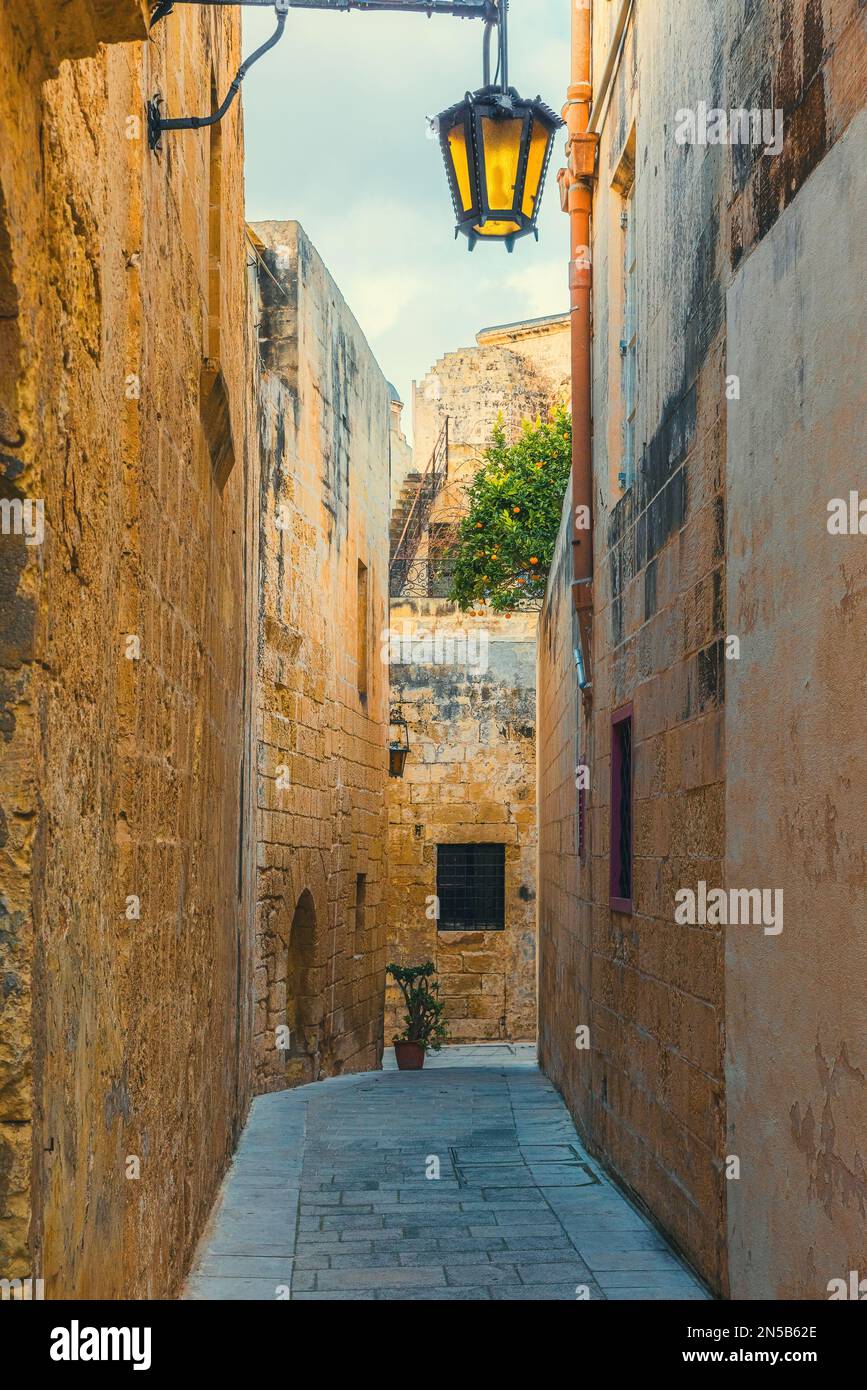 Vuota stradina medievale antica con luci di strada nella città di Mdina, Malta. Orientamento verticale. Destinazione del viaggio Foto Stock