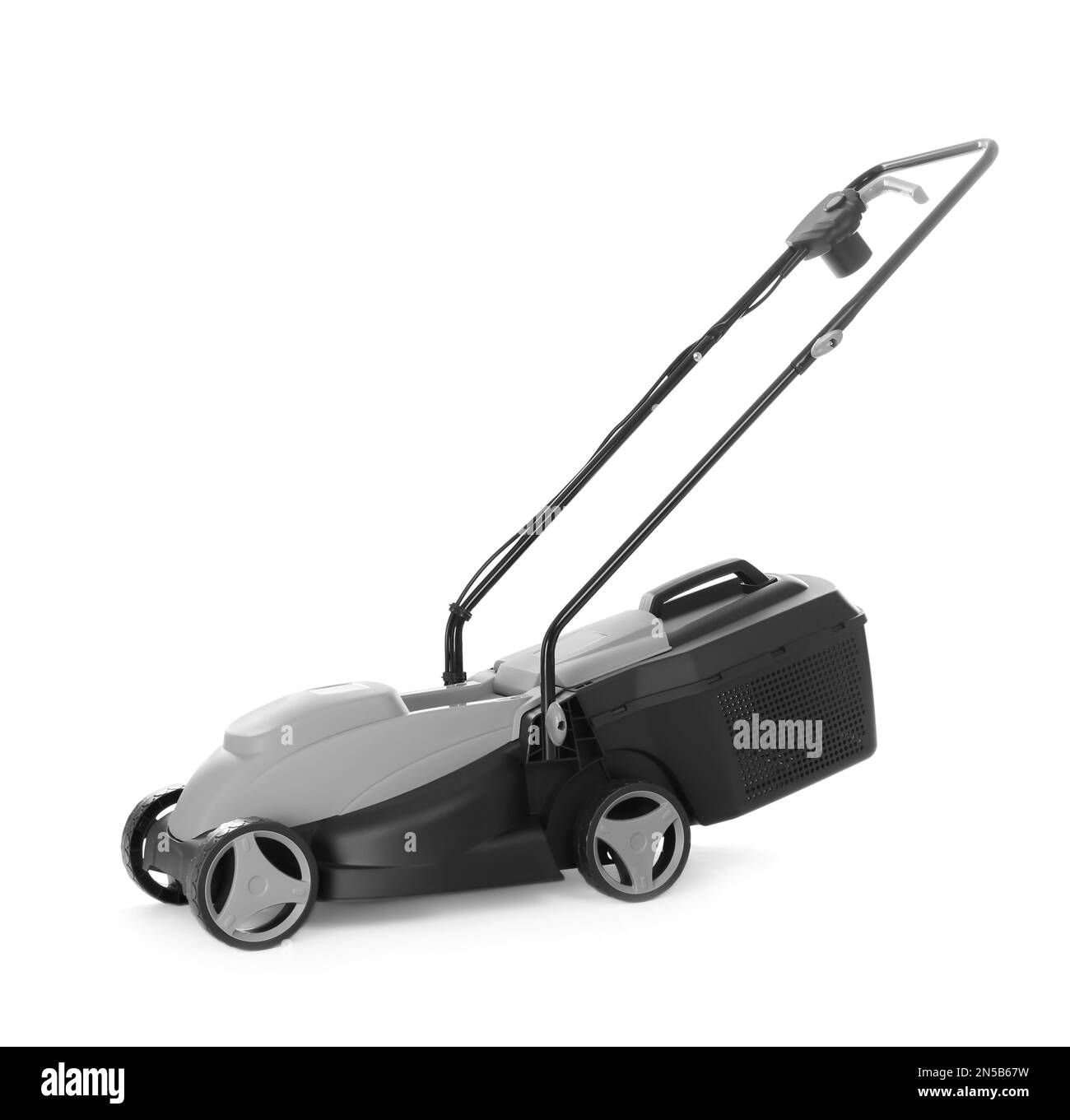 Rasaerba moderno isolato su bianco. Strumento da giardino Foto Stock