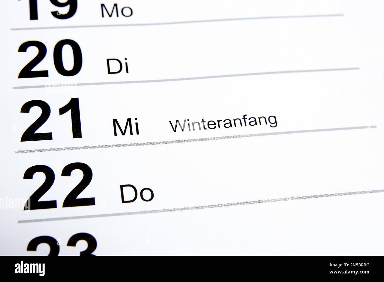 Calendario annuale 2022 in tedesco, inizio inverno, dicembre 21 Foto Stock
