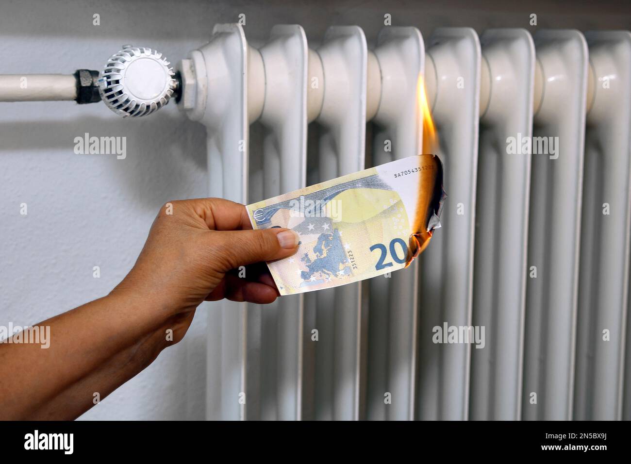 Mano con bruciare 20 euro fattura, aumento di prezzo del riscaldamento Foto Stock