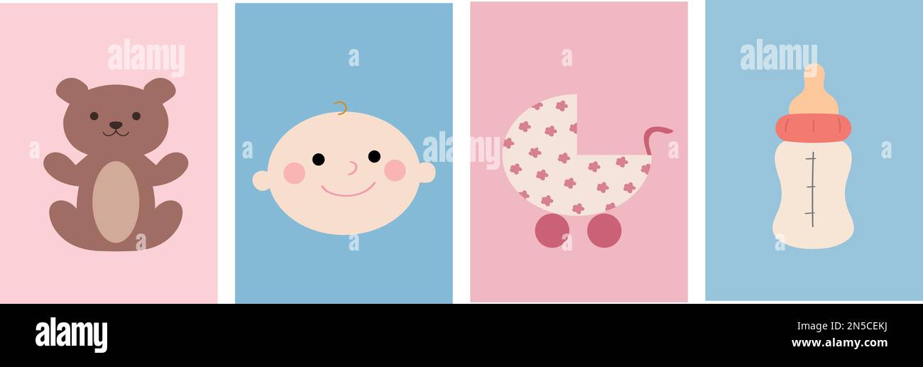 Serie di dime piatte. Emblemi del bambino, della maternità, del parto, del viso del bambino, dell'orso peloso. Stile piatto Illustrazione Vettoriale