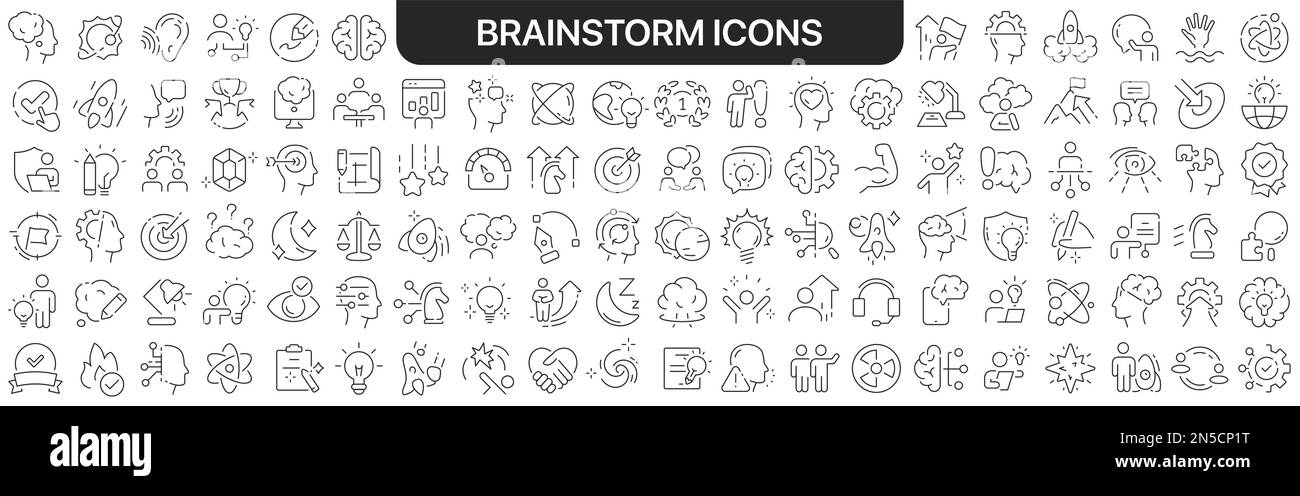 Collezione di icone Brainstorm in nero. Icone grande set per il design. Icone lineari vettoriali Illustrazione Vettoriale