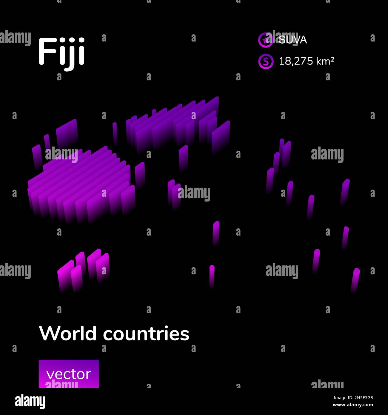 Mappa delle Figi 3D. Vettore a righe isometriche al neon stilizzato la mappa delle Fiji è di colore viola e rosa su sfondo nero. Banner didattico. Illustrazione Vettoriale