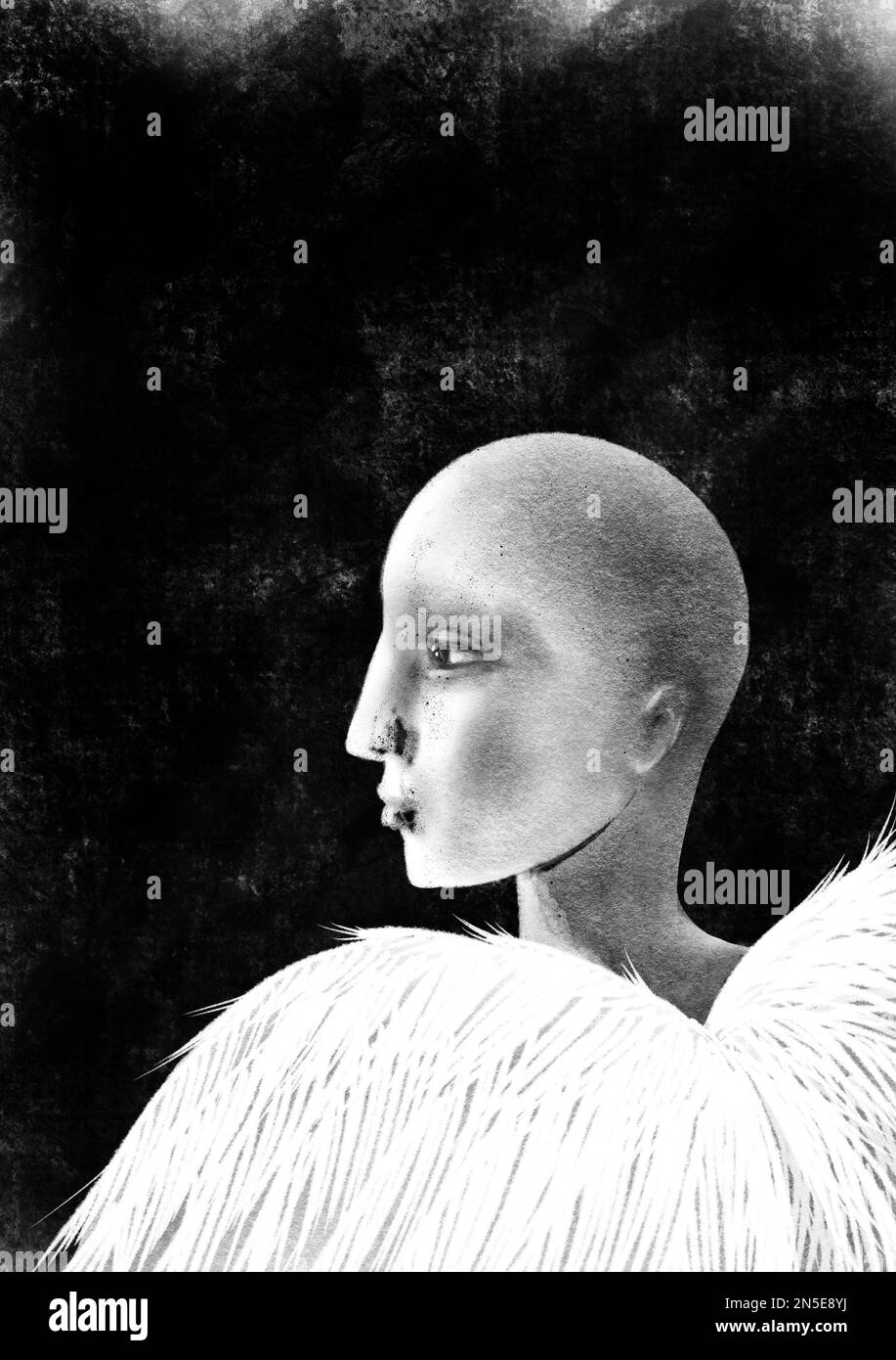 Ritratto di un angelo. Ali bianche con piumaggio. Faccia luminosa. Carattere mistico. Foto Stock