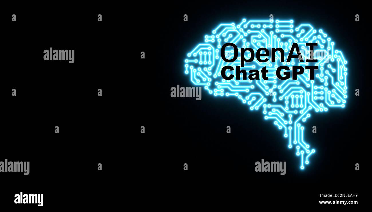 Logo OpenAI testo ChatGPT su sfondo blu al neon CPU forma cervello, copia spazio. ıntelligence€™artificiale chatbot sviluppatore di software. rendering 3d Foto Stock