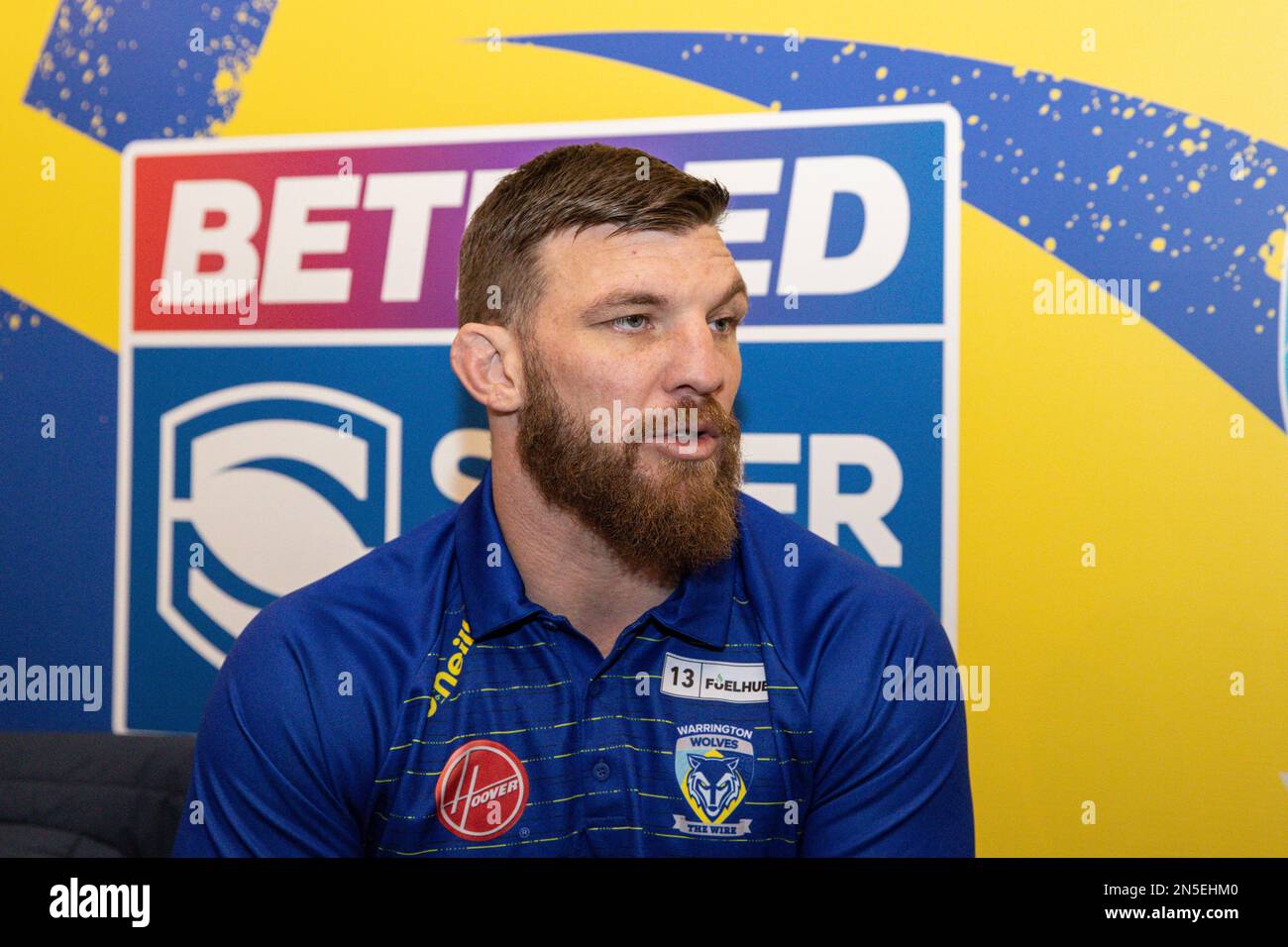 Josh Mcguire di Warrington Wolves durante il lancio dei media della Super League al Science and Industry Museum di Manchester, Regno Unito, 9th febbraio 2023 (Foto di Mark Cosgrove/News Images) Foto Stock