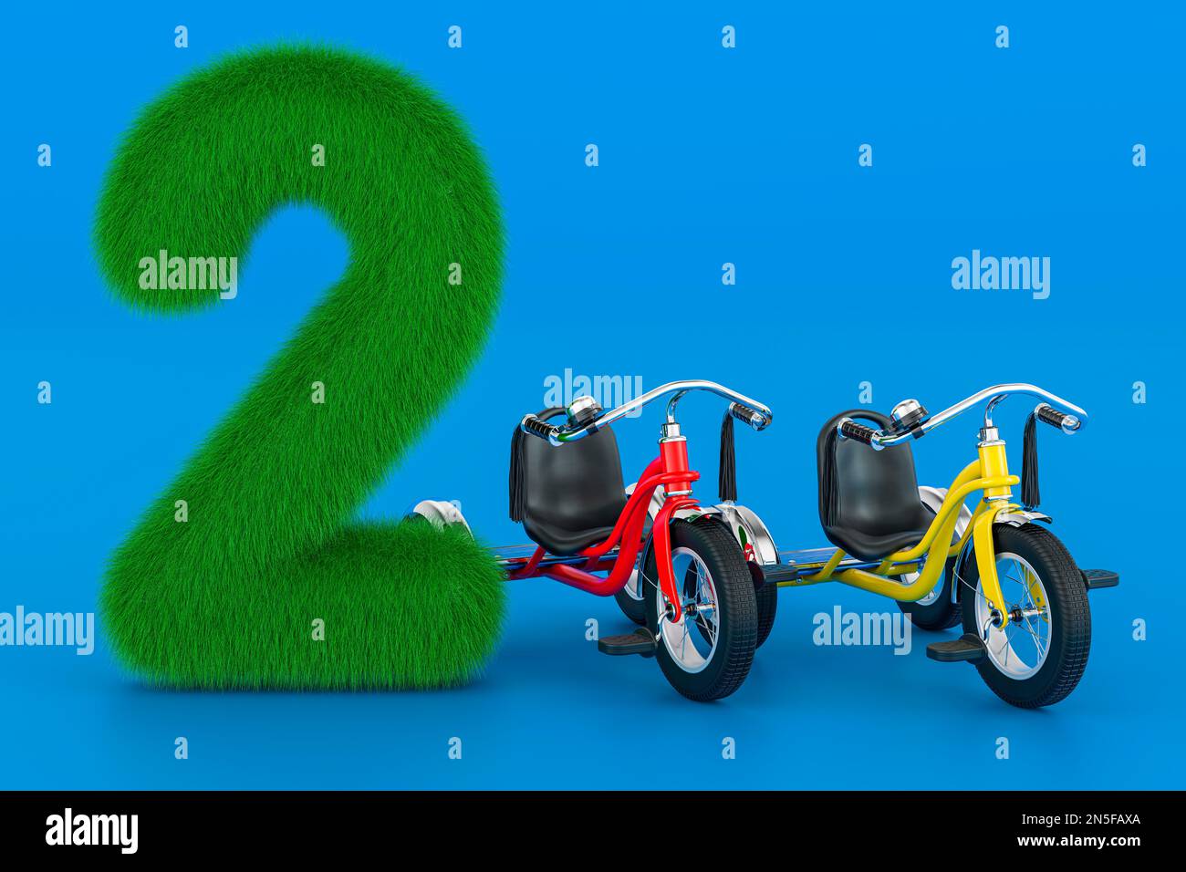 Fluffy numero 2 con due tricicli bambini, 3D rendering su sfondo blu Foto Stock