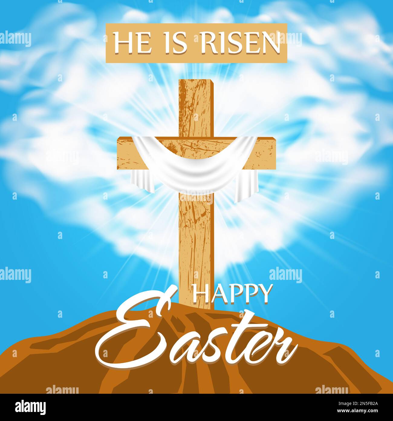 Buona Pasqua. Design religioso con croce di legno sul Calvario in raggi di luce divina e cielo blu. È Risorto. Buona Pasqua. Illustrazione vettoriale. Illustrazione Vettoriale