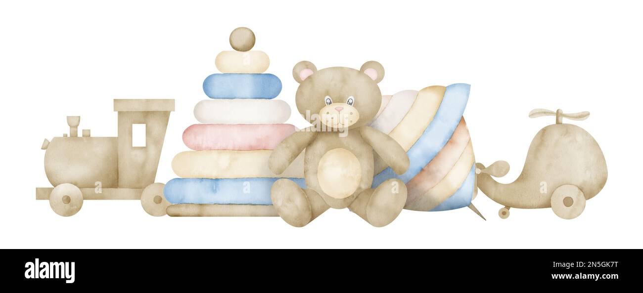 Baby Toys con orsacchiotto e treno. Illustrazione di acquerello disegnata a mano nei colori blu pastello e beige per la festa del bambino. Composizione a piramide e vortice su fondo isolato per disegno infantile Foto Stock