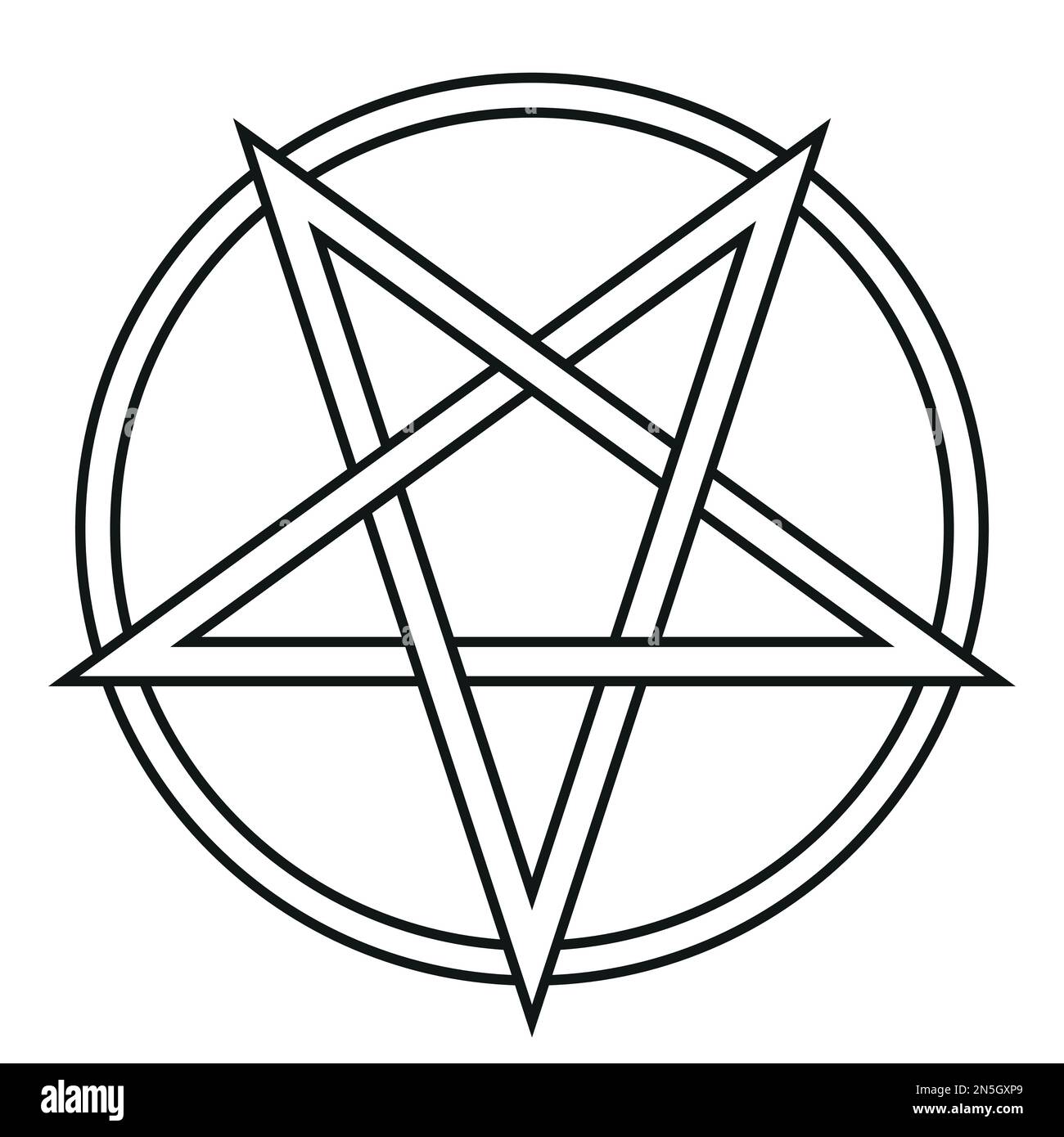 Pentagram - immagine vettoriale in bianco e nero di una semplice stella a cinque punte con bordo a cerchio, isolata su bianco Illustrazione Vettoriale