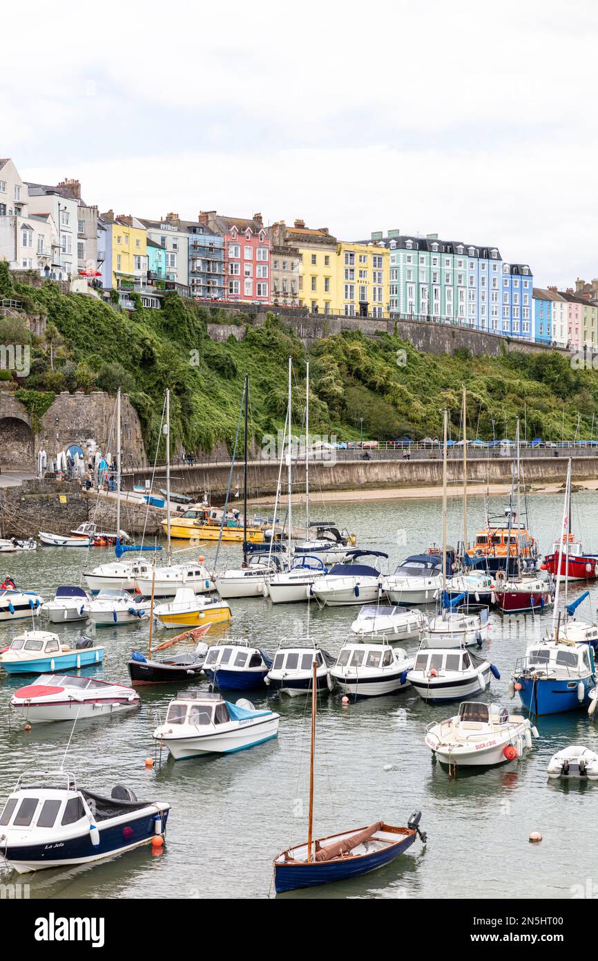 Porto di Tenby e case di città che si affacciano, Tenby, Pembrokeshire, Galles, porto di Tenby, Tenby Wales, Tenby UK, Harbour, Harbour, UK, case, barche, barche Foto Stock