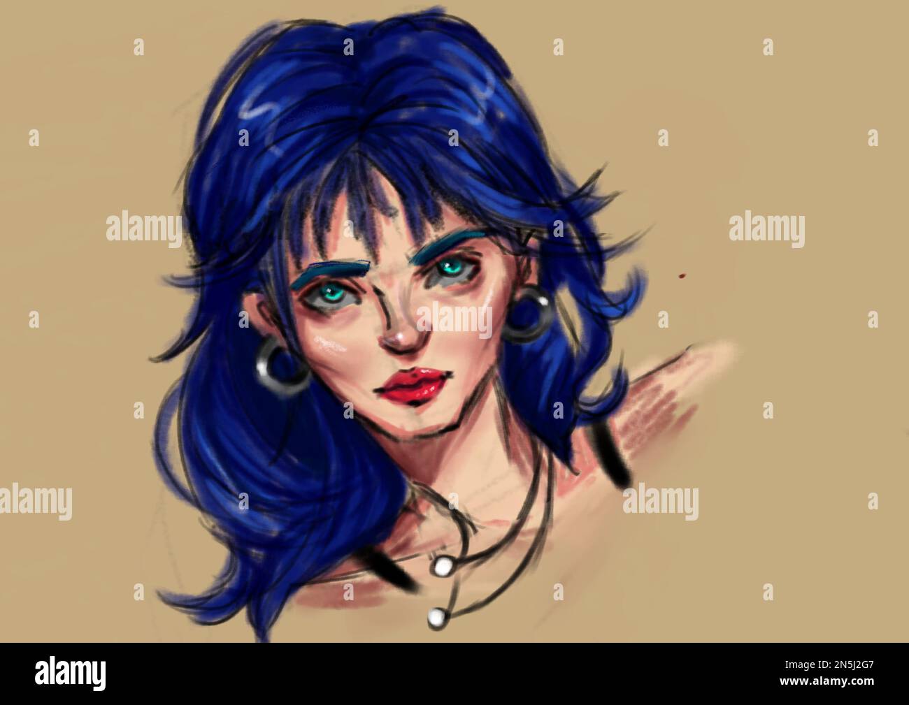Semplice schizzo di un personaggio femminile fantasy dai capelli blu realizzato su vernice Clipstudio Foto Stock