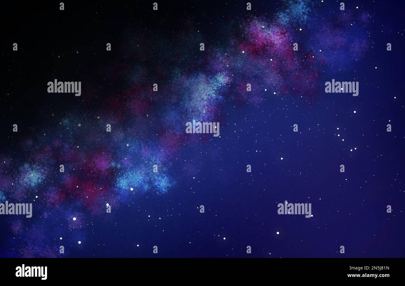 Illustrazione digitale di una galassia rosa, viola e blu con stelle scintillanti utilizzando la vernice Clipstudio. Foto Stock