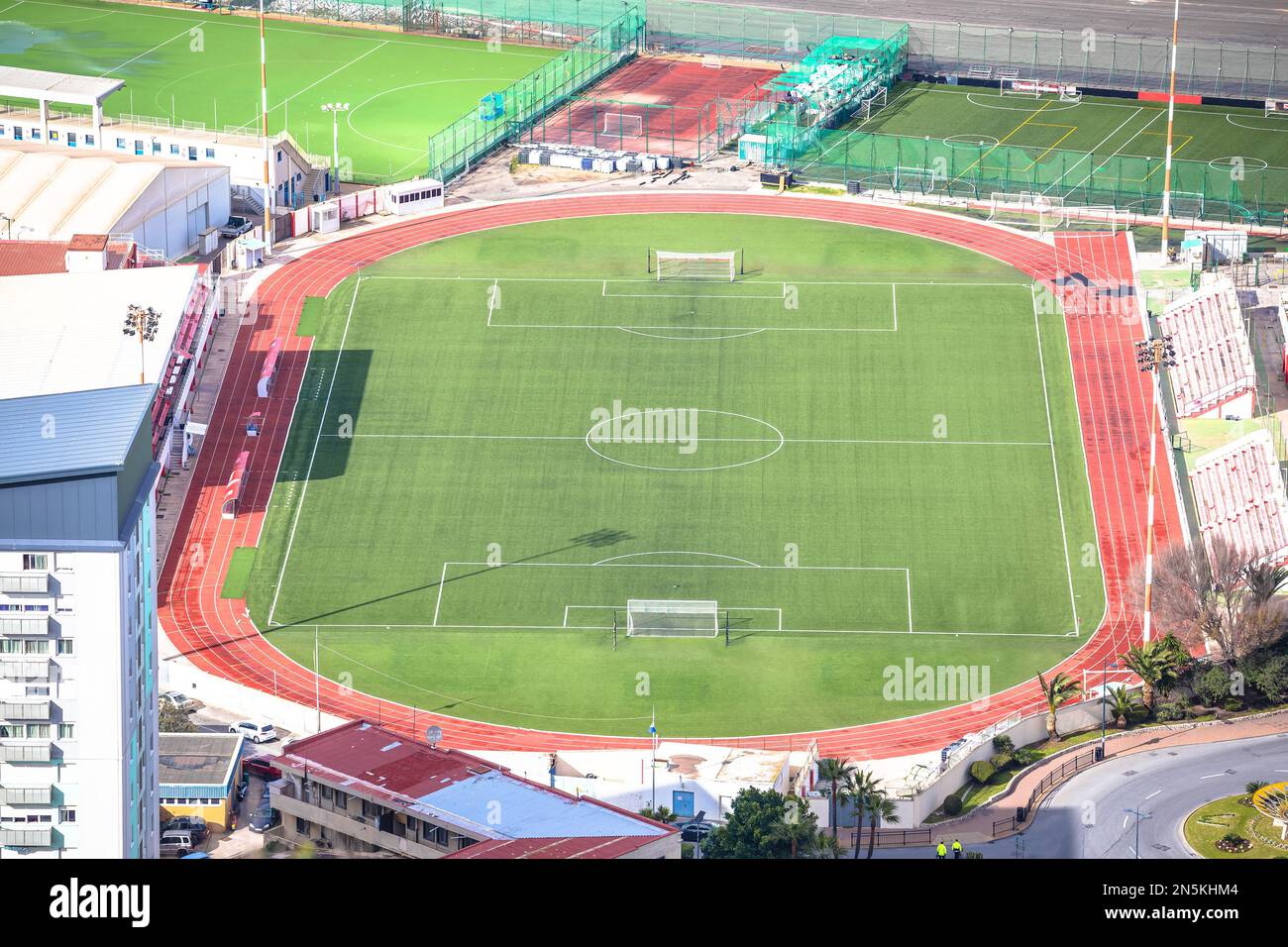 Vista aerea dello stadio di calcio di Gibilterra, sede sportiva Foto Stock
