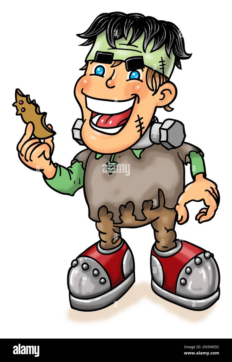 Illustrazione di arte del cartone animato di un ragazzo che gioca vestire come mostro di Frankenstein per Halloween, tenendo cibo, menu del vestito, caratteristiche invitano festa di vestito fantasia Foto Stock