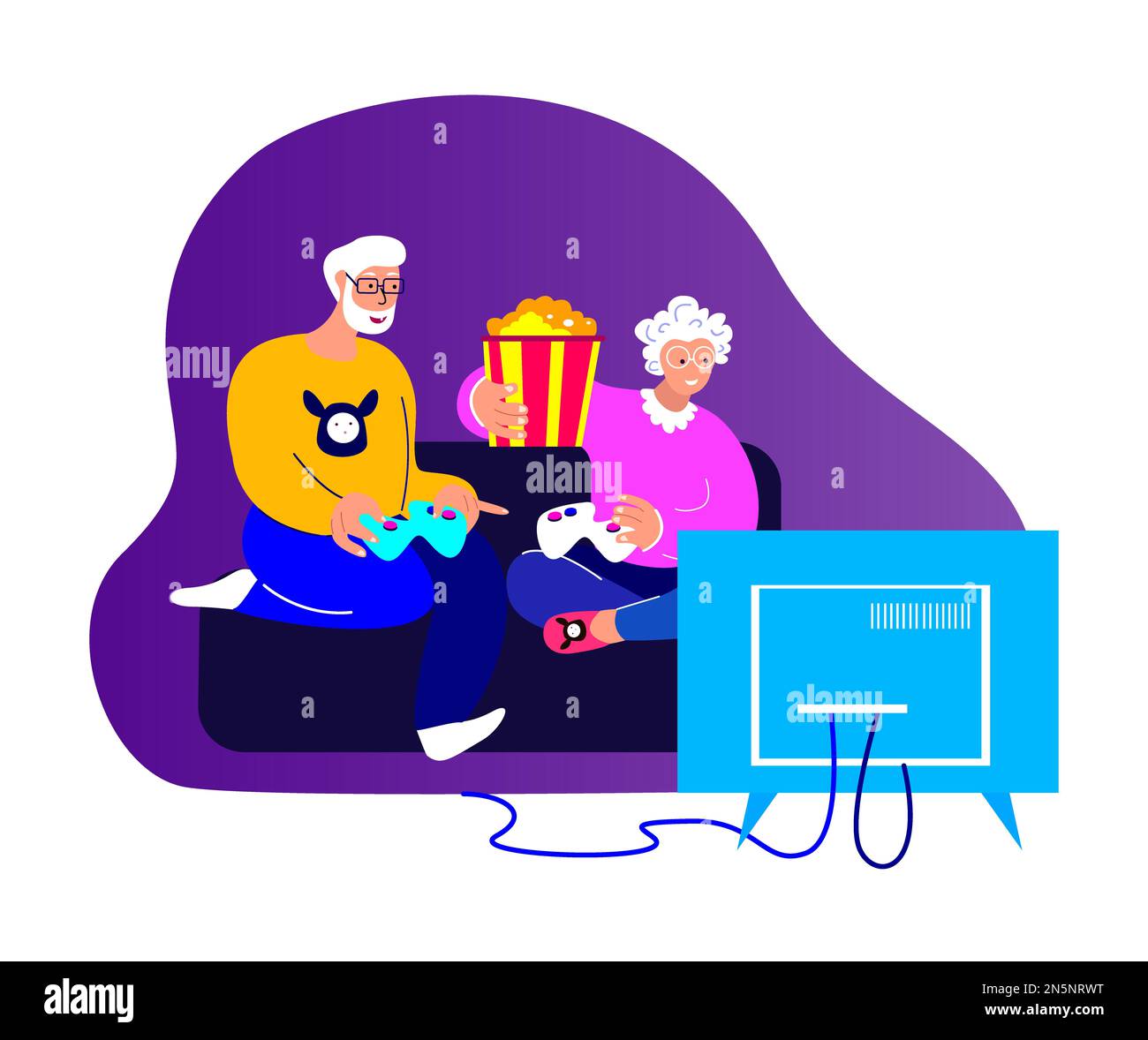 Coppia felice anziana,nonni,marito che gioca a PlayStation Game in TV.Divertiti con la famiglia,Popcorn. Persone rimanere a casa, Quarantine.coniuge Annive Foto Stock
