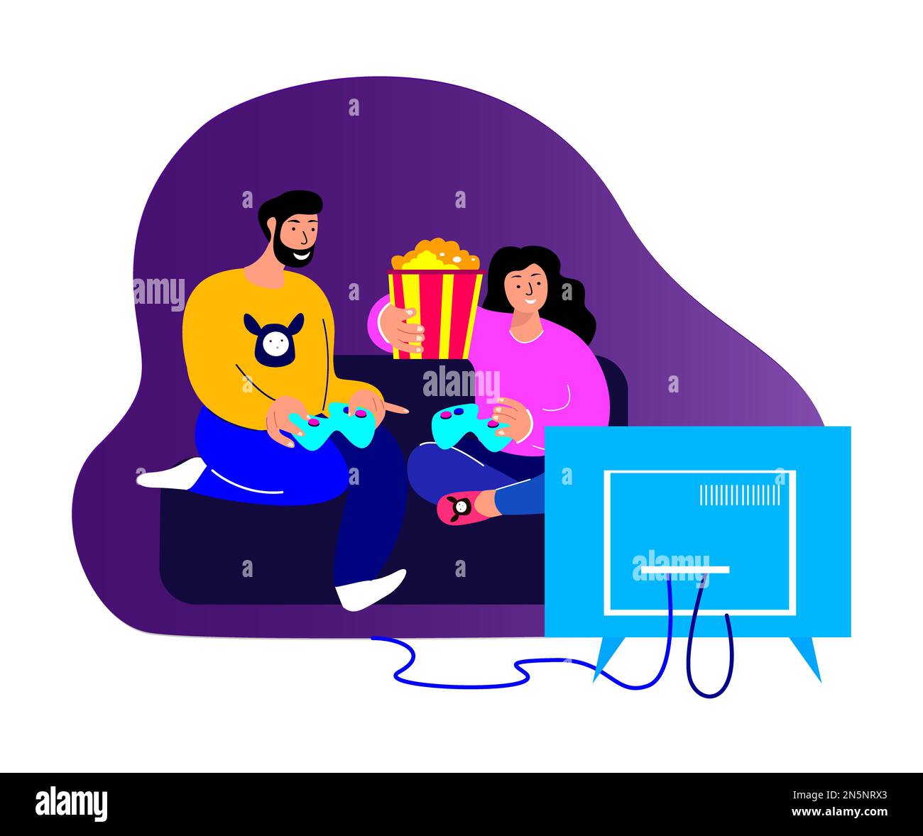 Giovane coppia felice, marito e moglie che giocano a PlayStation Game, TV. Famiglia che ha divertimento insieme, Popcorn.Friends la gente rimane Home, Quarantine.Positive Chee Foto Stock