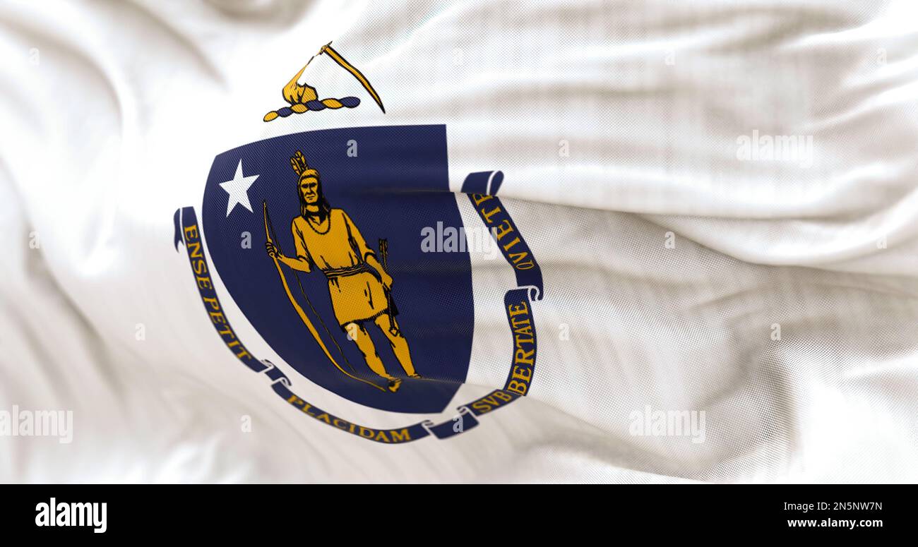 Dettaglio della bandiera dello stato del Massachusetts che batte. Stemma dello stato su sfondo bianco; raffigura Algonquin per la pace, stella bianca rappresenta lo stato Foto Stock