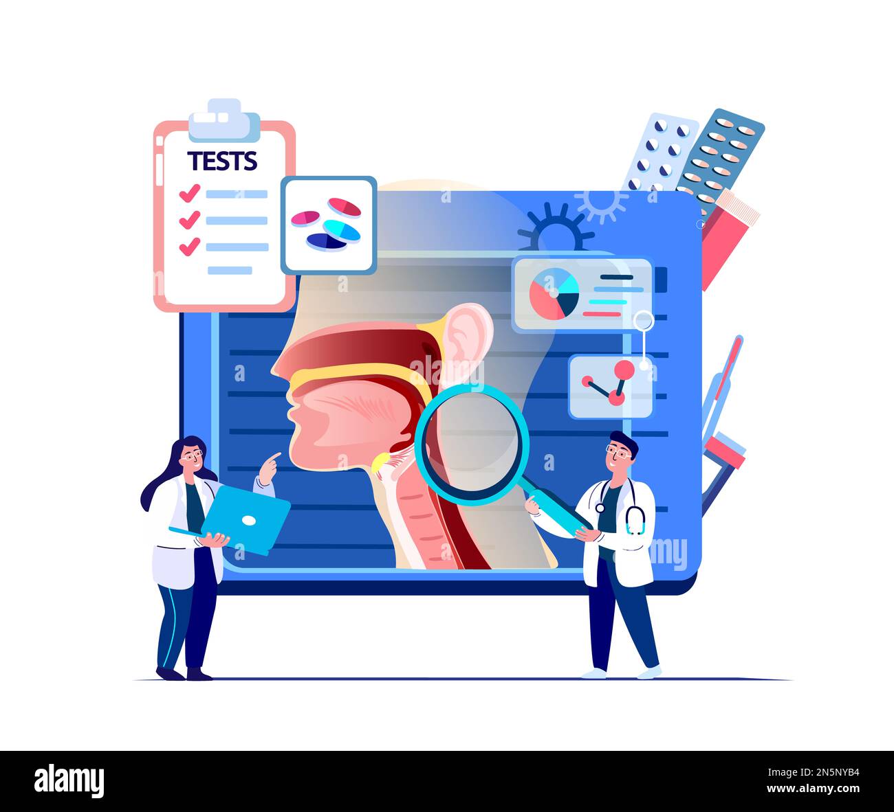 ENT-Medici scienziati esaminano il naso infiammato, Throat.Tonsilis, Throat dolorante, Larynx, sinusite trattamento digitale. Ricerca Trial. Indagine clinica. OPPURE Foto Stock