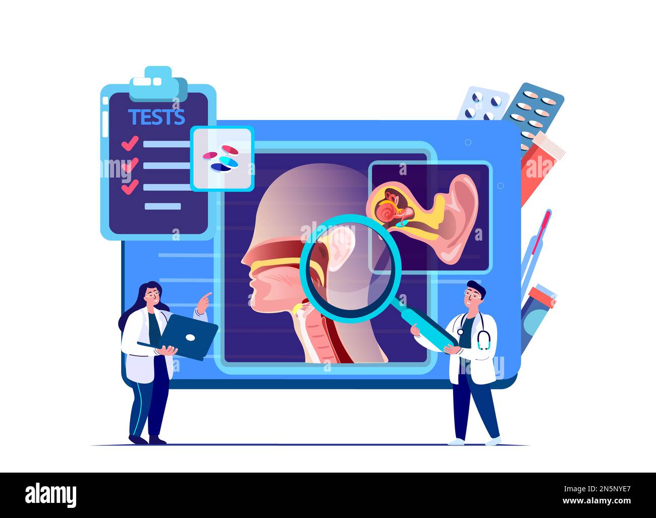 Gli scienziati dei medici di ENT esaminano l'orecchio, il naso, la gola.Tonsilis,la gola irritata,l'otite,la laringe,la sinusite trattamento digitale.studio di ricerca.indagine clinica.O. Foto Stock