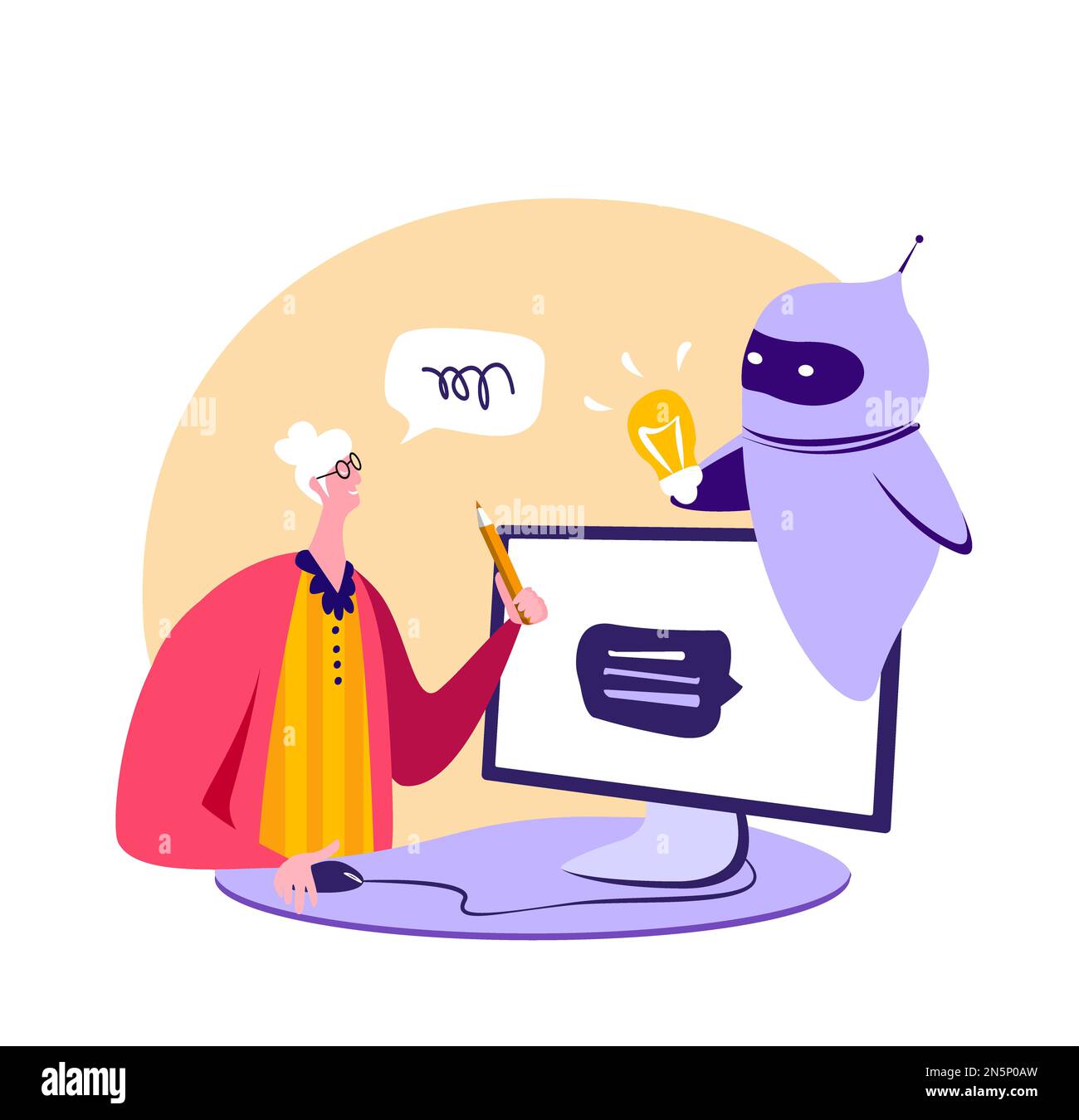 Dialogo aiutare servizio Vecchio pensionato Donna chattando con l'applicazione chatbot Online Infroration intelligenza artificiale Chat bot futuro ai business i Foto Stock