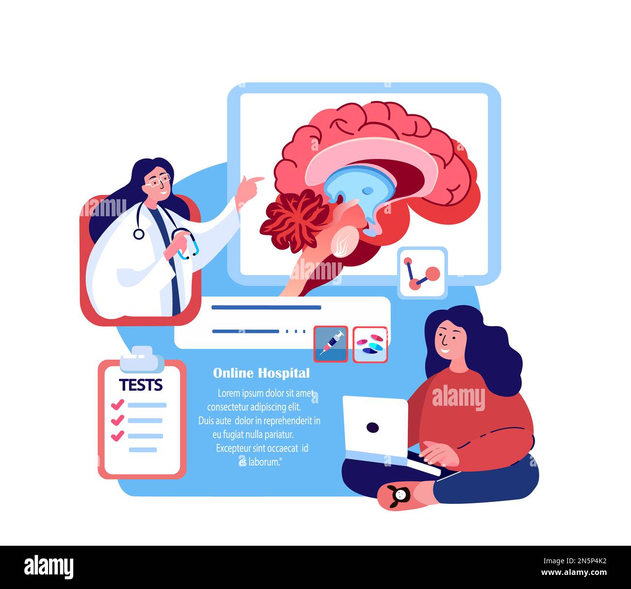 Online Brain Consonulation laptop.Medical Brain Cancer Treatment.Internet Consultation.Benign Tumour.Magnetic Resonance Imaging,Diagnostic Treatment Hea Foto Stock