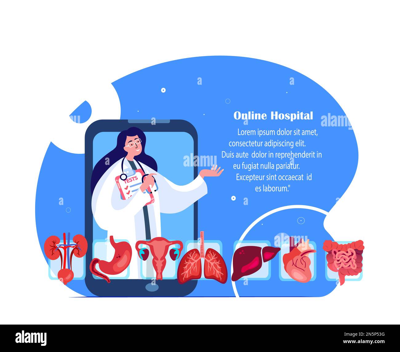 Online Hospital Application.Digital Medicine Consultation.Choose Doctor.Kidney,stomaco,utero,polmoni, epatico,cuore,intestino. Diagnostica mobile.Smartp Foto Stock