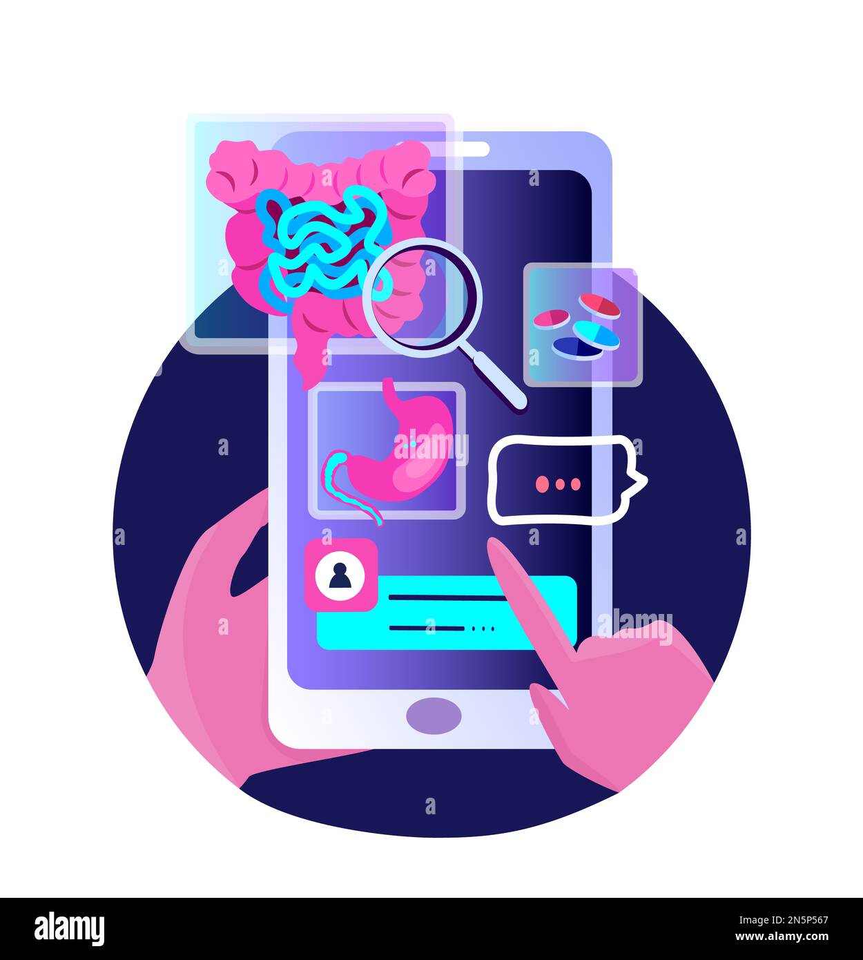 Stomaco Ache, intestino disturbi intestinali Gestione Mobile applicazione. Consultazione clinica smartphone Medical Hospital.Internet Online Diagnostics.Digita Foto Stock