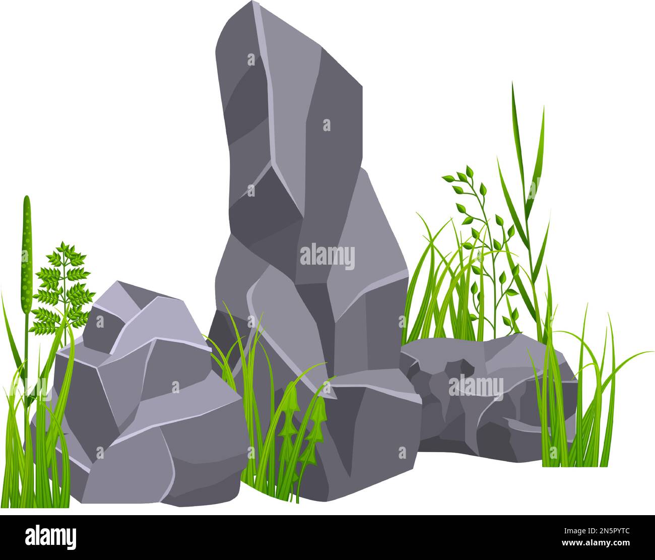 Pietra in erba verde. Roccia grigia. Elemento orizzontale Illustrazione Vettoriale