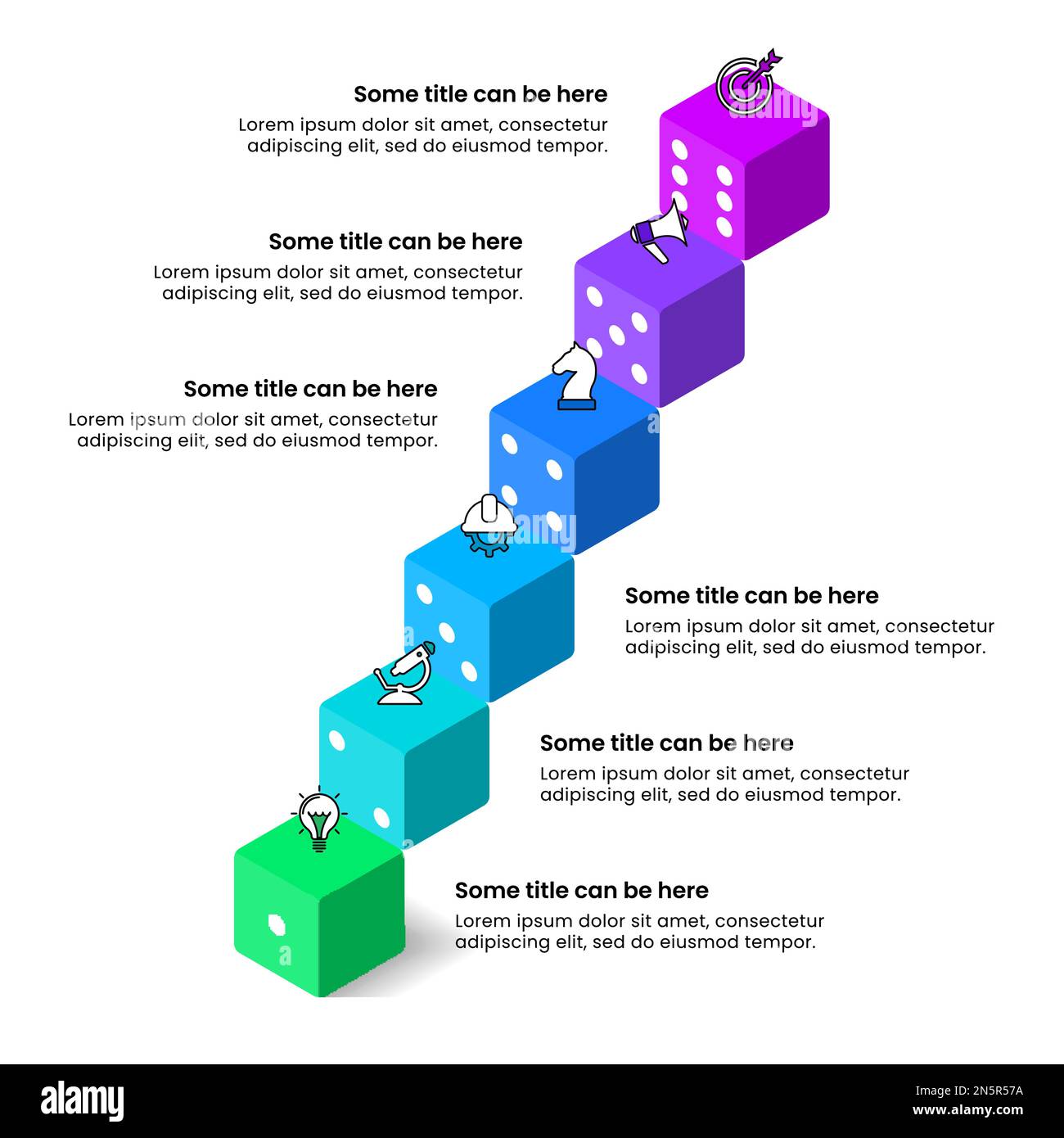 Modello infografico con icone e 6 opzioni o passaggi. Dadi. Può essere utilizzato per il layout del flusso di lavoro, il diagramma, il banner, il webdesign. Illustrazione vettoriale Illustrazione Vettoriale