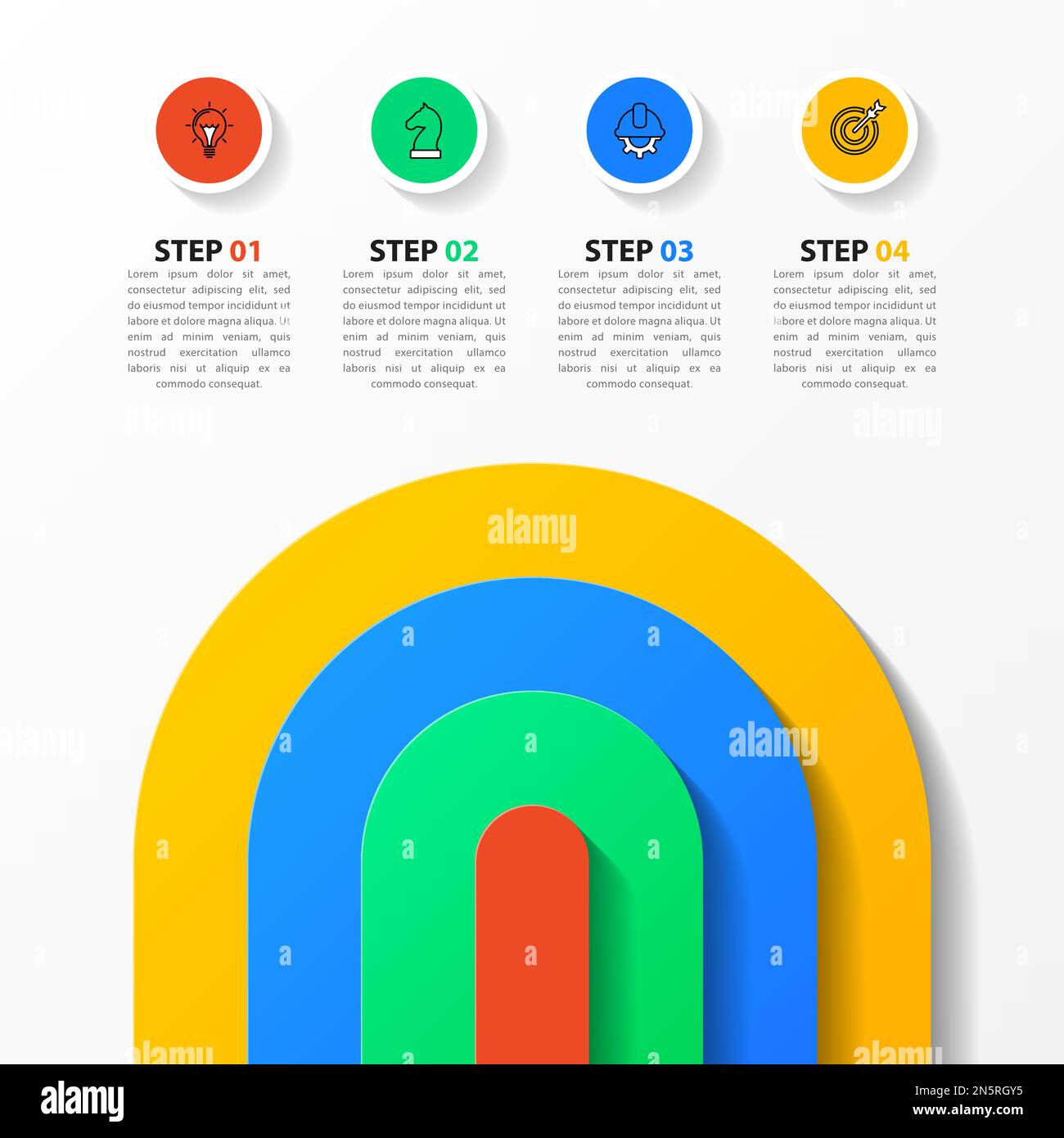 Modello infografico con icone e 4 opzioni o passaggi. Cerchio. Può essere utilizzato per il layout del flusso di lavoro, il diagramma, il banner, il webdesign. Illustrazione vettoriale Illustrazione Vettoriale