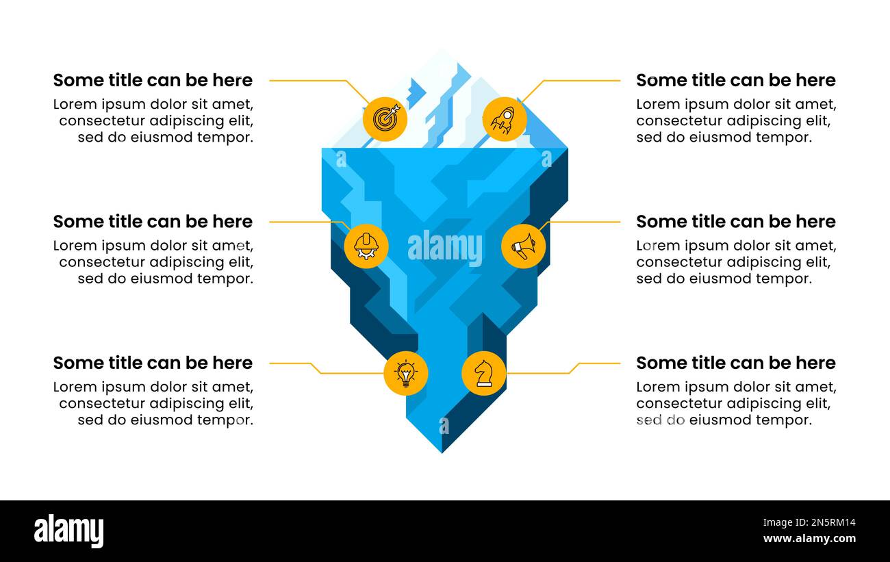 Modello infografico con icone e 6 opzioni o passaggi. Iceberg. Può essere utilizzato per il layout del flusso di lavoro, il diagramma, il banner, il webdesign. Illustrazione vettoriale Illustrazione Vettoriale