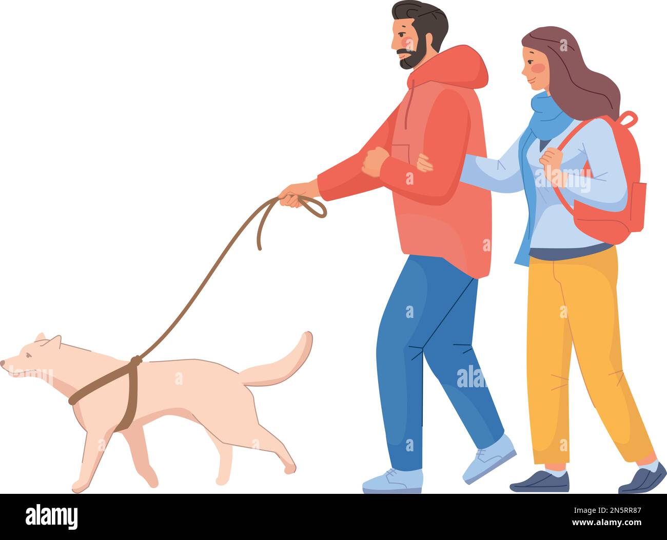 Coppia camminando con il cane al guinzaglio. Felice uomo e donna all'aperto isolato su sfondo bianco Illustrazione Vettoriale