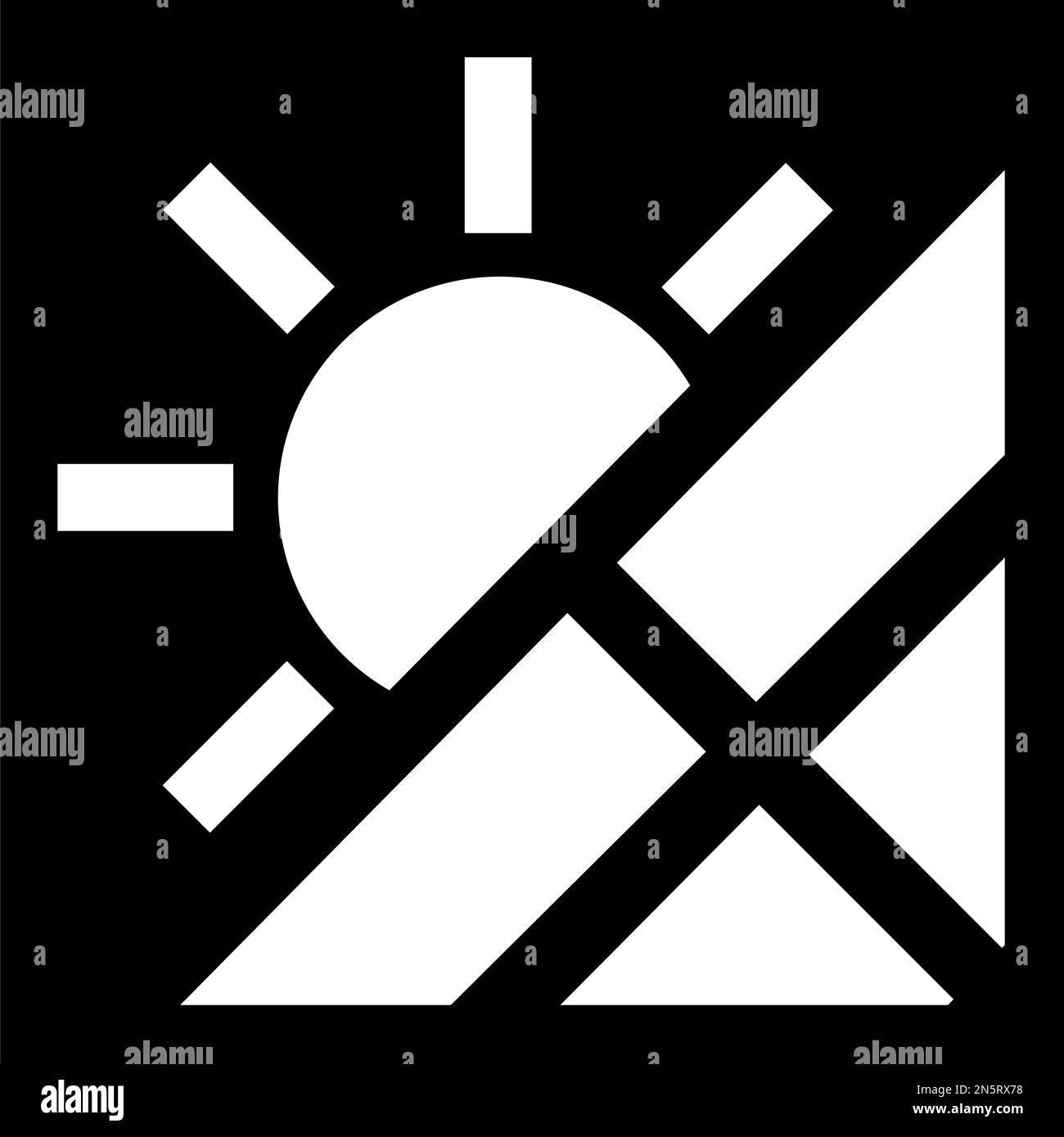 Grafica vettoriale in bianco e nero della posizione di una fattoria solare. Si compone di un sole splendente che sorge su pannelli solari su uno sfondo nero. Illustrazione Vettoriale