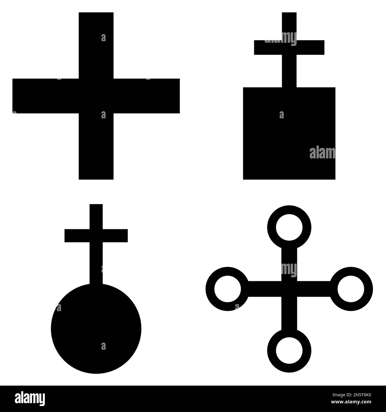 Grafica vettoriale in bianco e nero di un insieme di simboli di mappa per le chiese. Si compone di una silhouette nera per vari tipi di chiesa su uno sfondo bianco Illustrazione Vettoriale