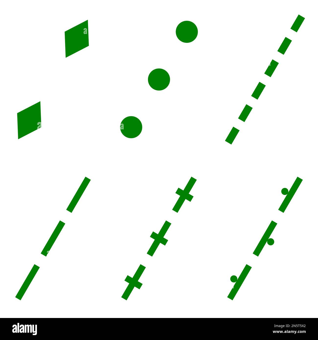 Un insieme di sei immagini vettoriali verdi e bianche di sentieri e sentieri di bridle presenti su una mappa. Illustrazione Vettoriale