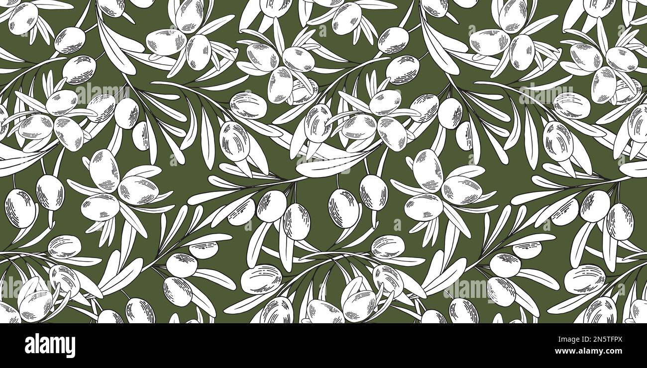 Modello senza cuciture con rami di oliva e frutta per il design della cucina italiana, prodotti alimentari a base di olio extra vergine, confezione di prodotti cosmetici. Illustrazione Vettoriale