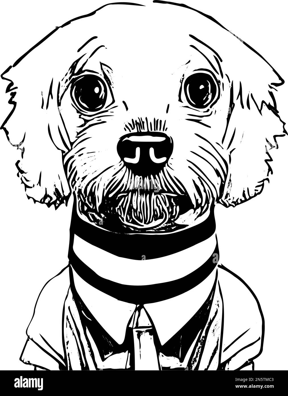 Cane da compagnia con pelliccia riccia. Indossa cravatta, colletto, camicia e giubbotto. Vettore di contorno per la colorazione. Illustrazione Vettoriale